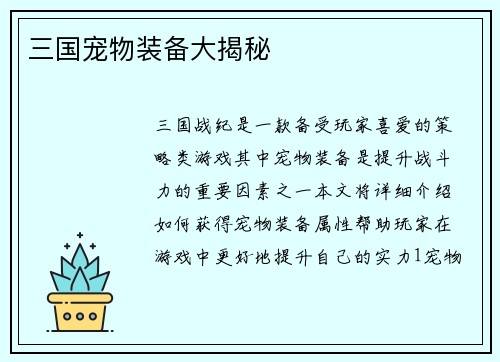 三国宠物装备大揭秘