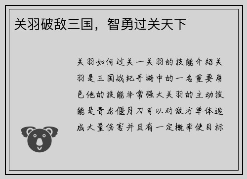 关羽破敌三国，智勇过关天下