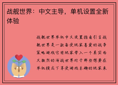 战舰世界：中文主导，单机设置全新体验